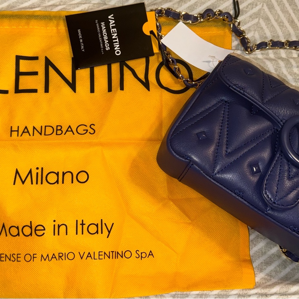 Valentino Quilted Navy Leather Crossbody Bag with Chain Strap